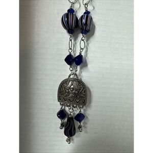Vintage Silver  TonePendant Necklace  Blue Stone Beads Glass Accents Long Tribal